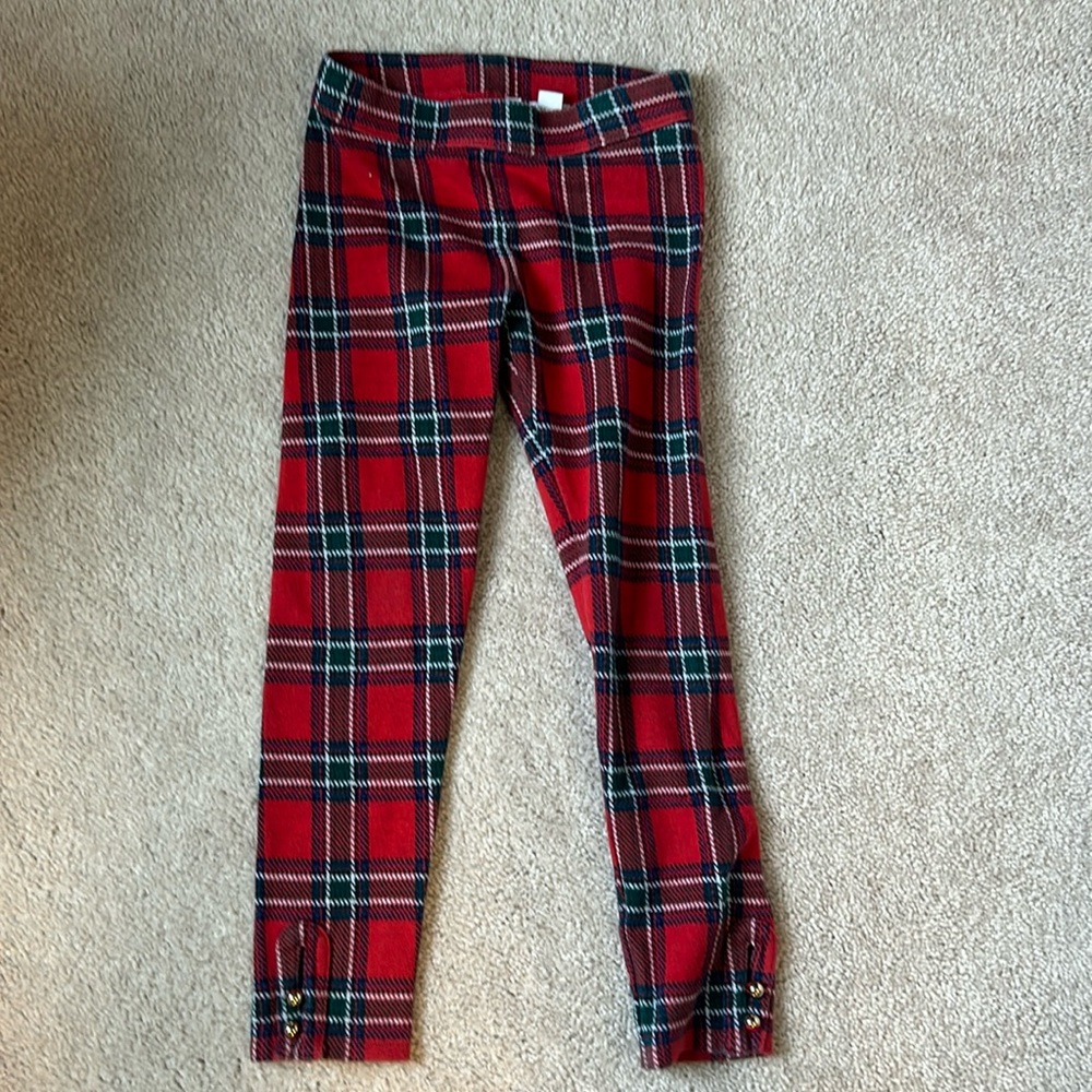 Janie & Jack tartan plaid leggings with gold button detail at ankle